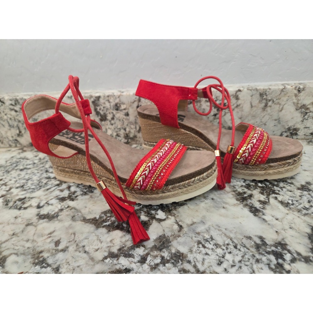 Refresh Red Boho Beaded Espadrille Wedge Sandals Ankle Tie Tassel 40 EU 9.5 US - Picture 2 of 13